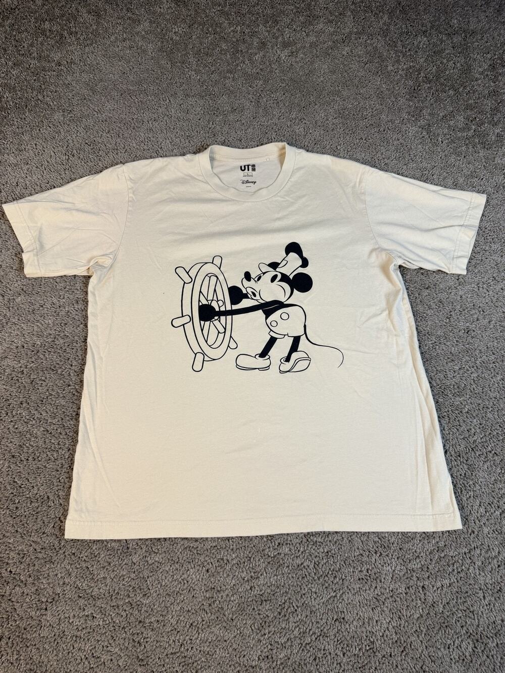 Uniqlo Shirt Mens L White Steamboat Willie Mickey Graphic Crew Neck Cotton